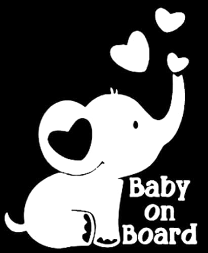 Baby on Board Car Decal, Cute Elephant Design with Hearts, White Vinyl Sticker, 5.5 Inches