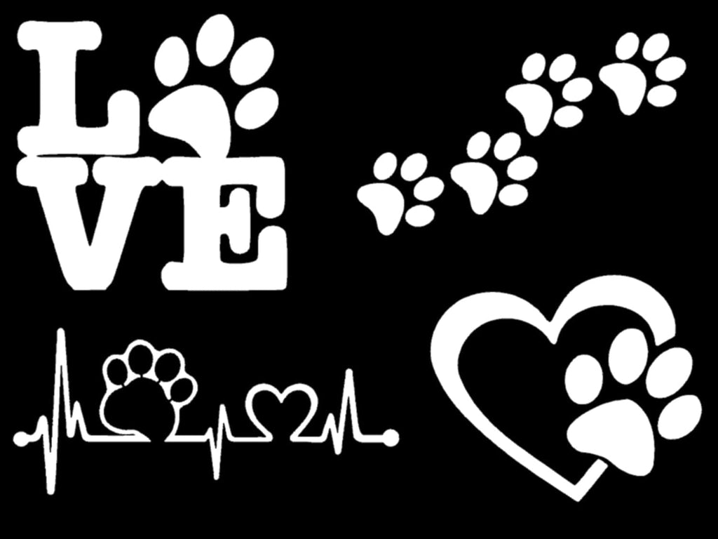 Pet Car Decals Set, 4 Pack - Love with Paw Print, Heart Paw, Heartbeat Design, White Vinyl Stickers