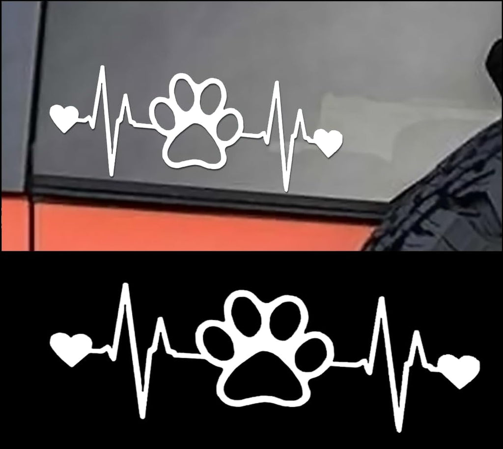Paw Print Heartbeat Car Decal, 7.48 x 2.87 inches, White Vinyl Waterproof Sticker, for Cars Trucks Vans