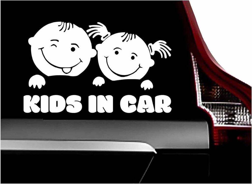 Kids in Car Safety Decal, White Vinyl Car Window Sticker, 7 x 4.3 inches