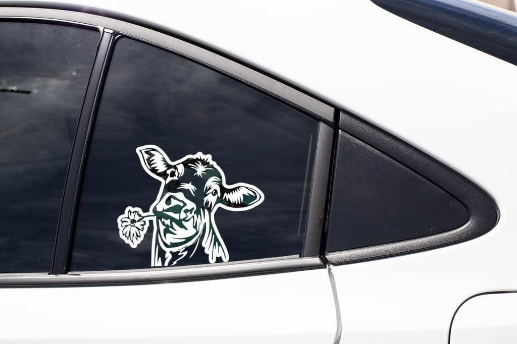 Cow with Flower Vinyl Decal Sticker, 6 Inch, Clear, for Car Window and Flat Surfaces