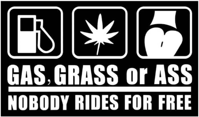MobiCR Gas Grass or Ass Nobody Rides for Free, 7.41 x 4.13 inches, White Vinyl Sticker