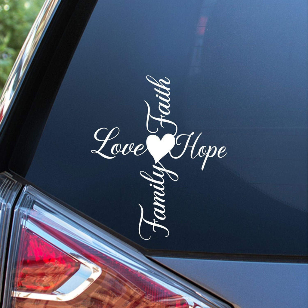 Car Window Decal, Faith Hope Love Family Cross Design, 6 Inch, White Vinyl