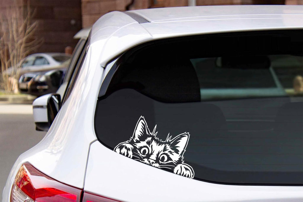 Peeking Cat Car Window Decal, Vinyl Die Cut Sticker, 7.0 x 3.75 Inches, White