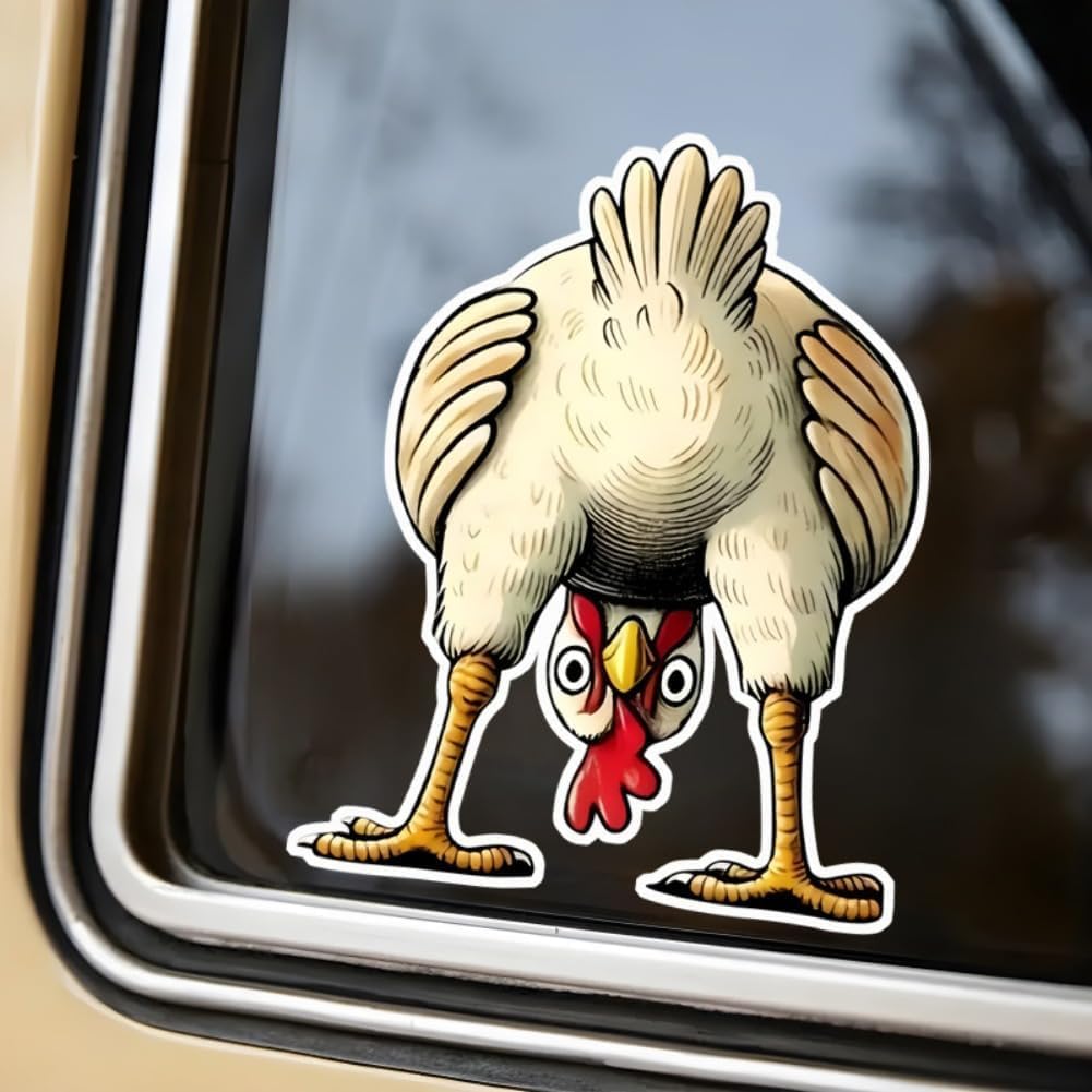 MobiCR® Upside Down Cartoon Chicken Vinyl Car Decals, 2 Pack, 4.33x5.51 Inches, Waterproof Funny Chick Stickers for Car, Laptop, Tumbler, Refrigerator, Whimsical Animal Art
