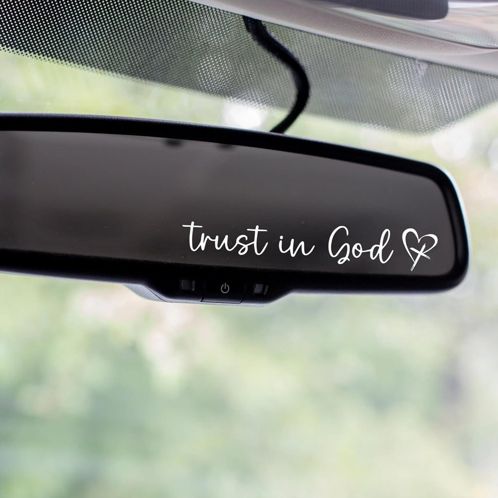 Trust in God Car Decal Set, Rearview Mirror Sticker, White with Heart Design, Christian Car Accessories