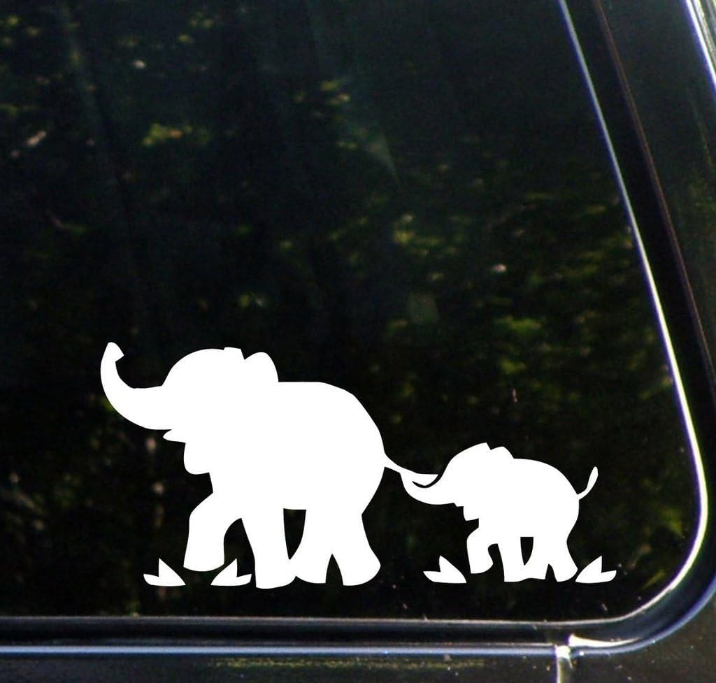 Elephant Family Car Decal, Mom and Baby Design, White Vinyl Sticker, 7.5 x 3.5 inches