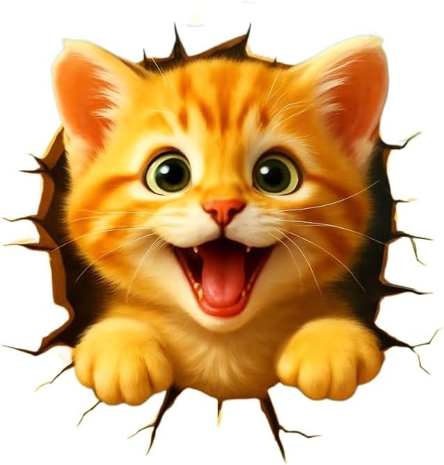 3D Cat Wall Decal, Peeking Orange Kitten Design, Removable Vinyl Wall Sticker for Kids Room, Bedroom, Home Decor