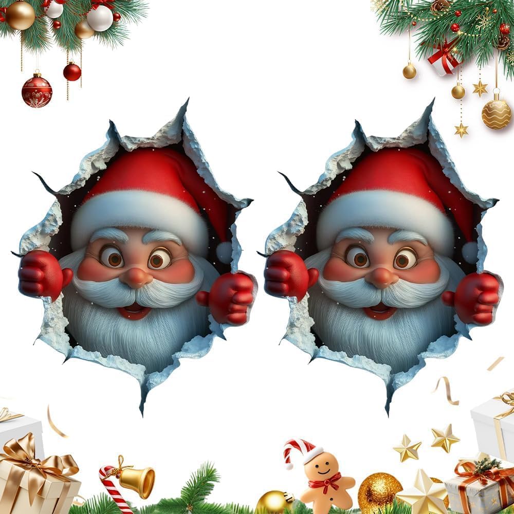 3D Wall Breaking Santa Claus Sticker, Christmas Creative WallDecor with Realistic Breaking Wall Effect, Fun 3D Santa Sticker for Door, Windows, Refrigerator and Furniture, 8x11 Inch, 2 Pack
