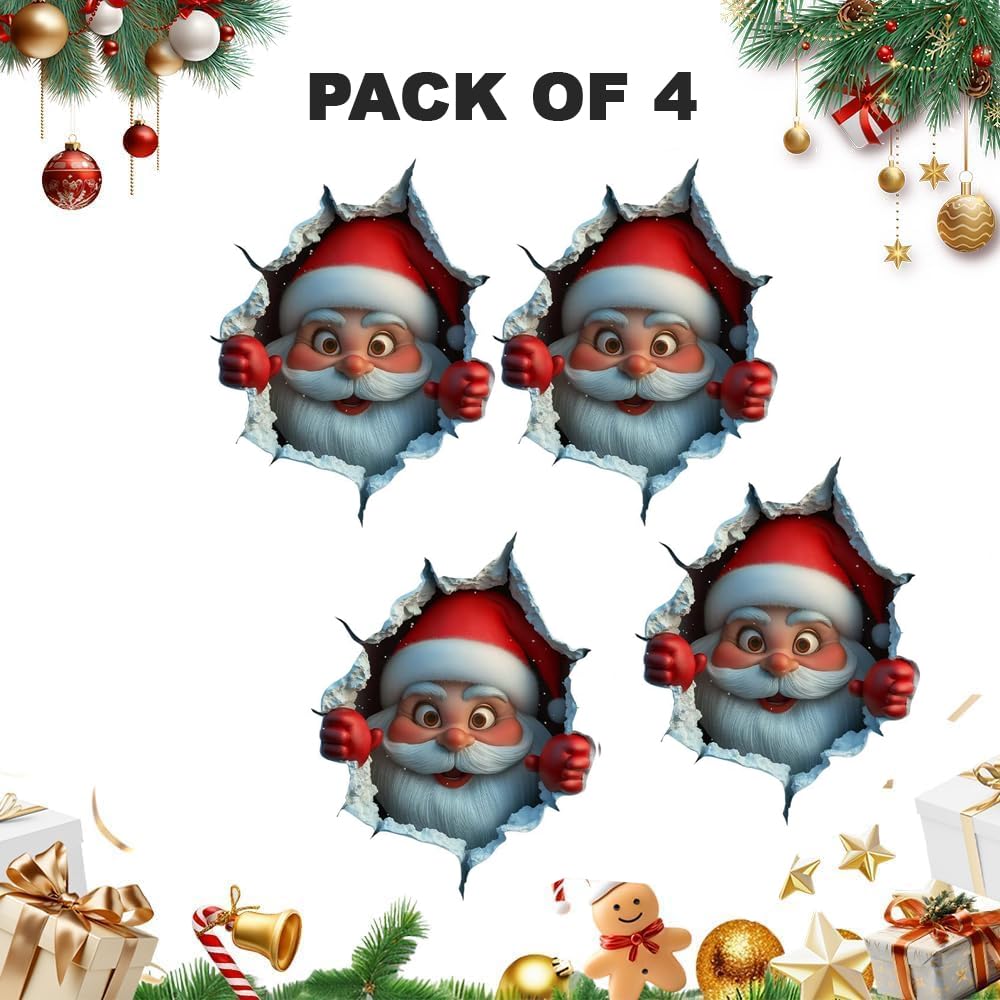 3D Wall Breaking Santa Claus Sticker, Christmas Creative Wall Sticker with Realistic Breaking Wall Effect, Fun 3D Christmas Santa Claus Sticker for Door, Windows, Refrigerator and Furniture